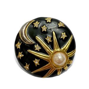 Vintage Karl Lagerfeld Sun Moon Stars Celestial Enamel Faux Pearl Brooch AS IS